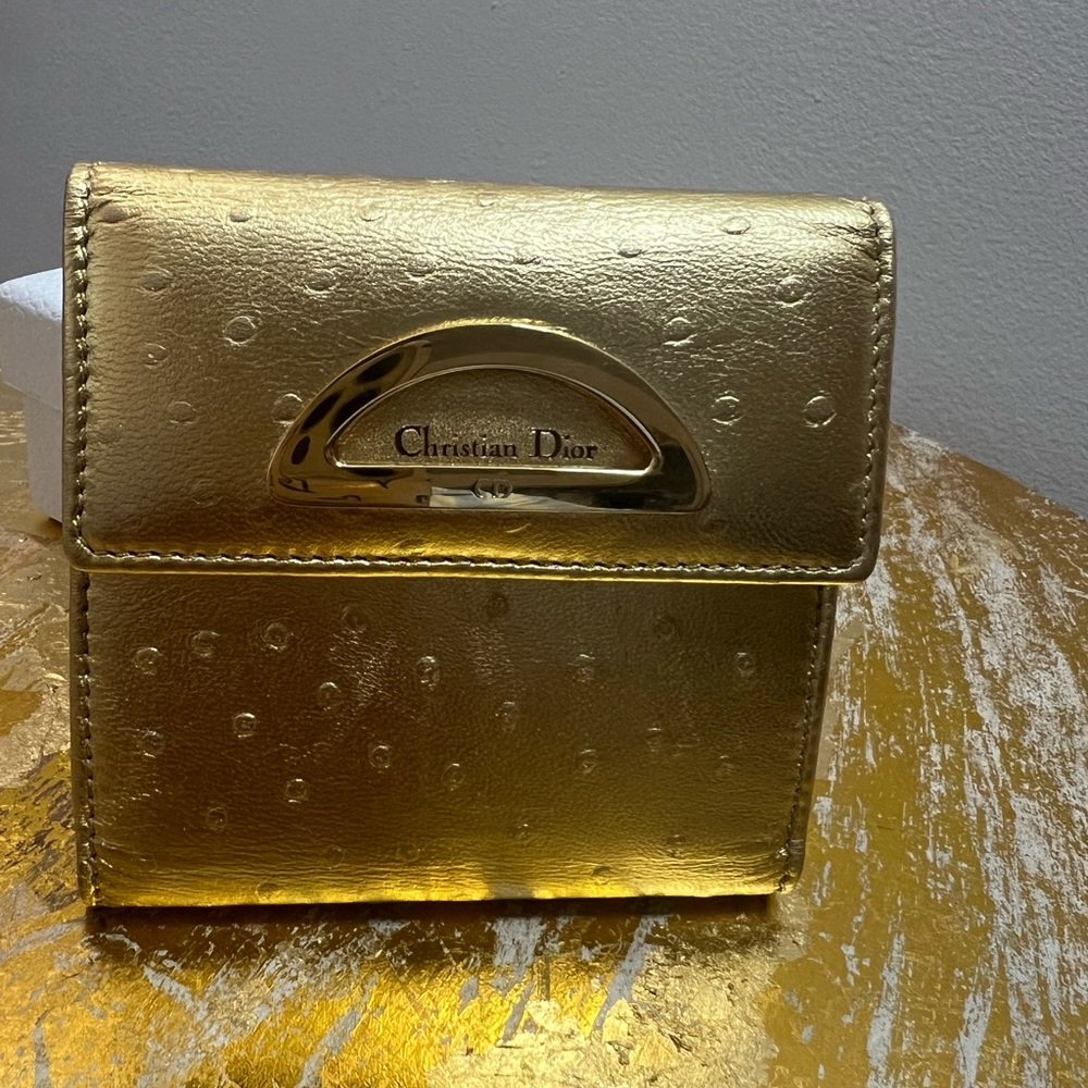 💛EUC💛 Christian Dior Compact Wallet - Gold Vintage Ostrich Embossed - Picture 7 of 11